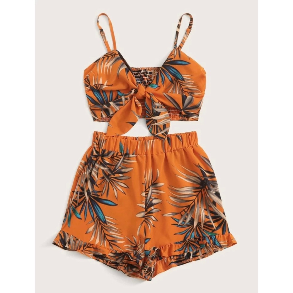 Shein Tropical Tie Front Cami and Short Set